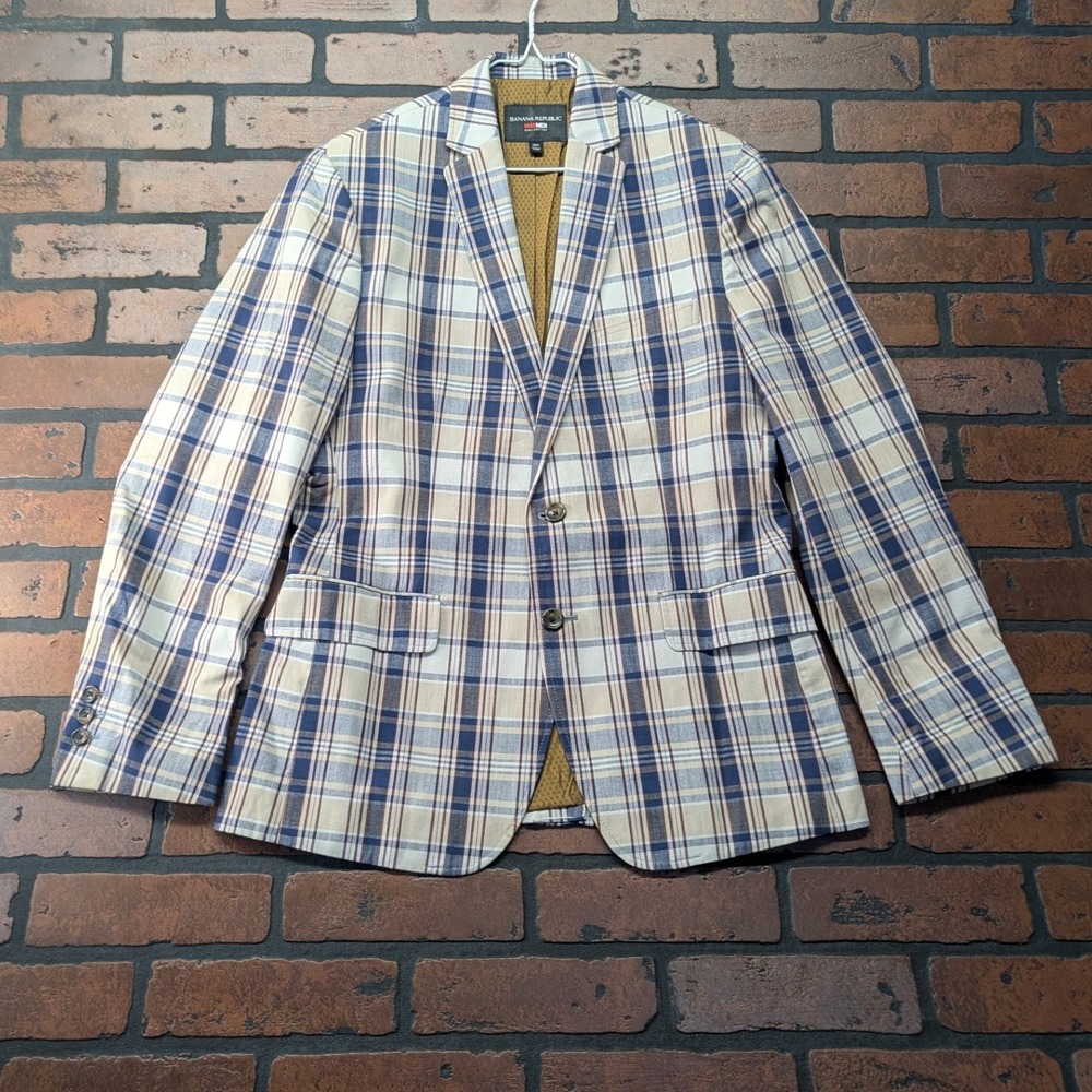 Banana Republic Mad Men Plaid Blazer 38S Tailored Slim Fit Navy Red Gold Lining - Picture 1 of 16